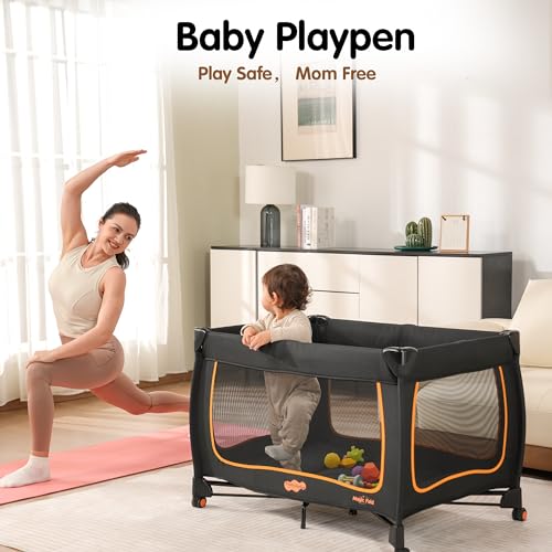 Image of Pamo Babe 6 in 1 Baby Pack and Play with Bassinet - One-Step Setup Travel Crib, Small Portable Playpen for Babies, Portable Baby Bassinet, Changing Table, Toys Bar & Extra Large Storage Bag