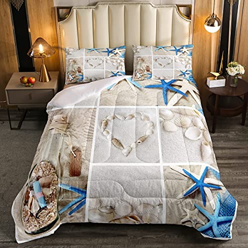 Erosebridal Beach Comforter Set, Ocean Themed Bedding Set Twin Size Coastal Nature Duvet Sets Starfish Love Heart Bedding Comforters for Kids Boys Girls Teens Adult Bedroom Decor