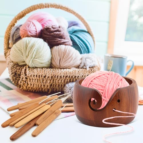 Image of Balana DIY Knitting Wool String Multifunctional Wooden Yarn Bowl Include 10 Crochet Hooks, Yarn Bowls with Lid for Knitting Crochet Yarn Ball Holder Handmade Yarn Storage Bowl, Dark browm, 22352197