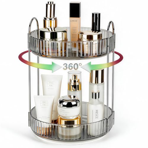 Niluks 360 Rotating Makeup Organizer 2 Tier Lazy Susan Bathroom Counter Organizer Skincare Organizers Spinning Perfume Organizer & Vanity Organizer Countertop (Classic Grey 2 Tier)