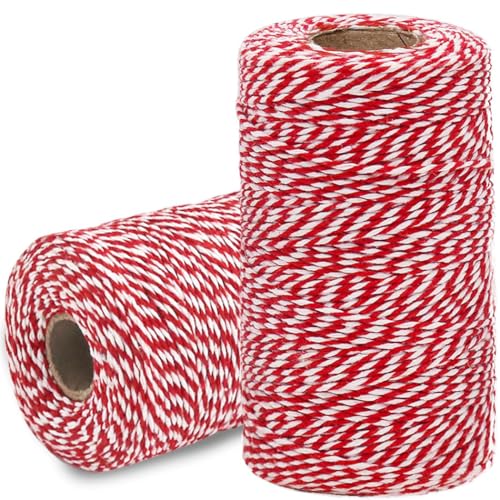 iDopick 200M Cotton Bakers Twine Red & White 2mm Durable Cotton Twine String Rope Cord for Gardening Kitchen Crafts Gift Wrapping Christmas Decorations