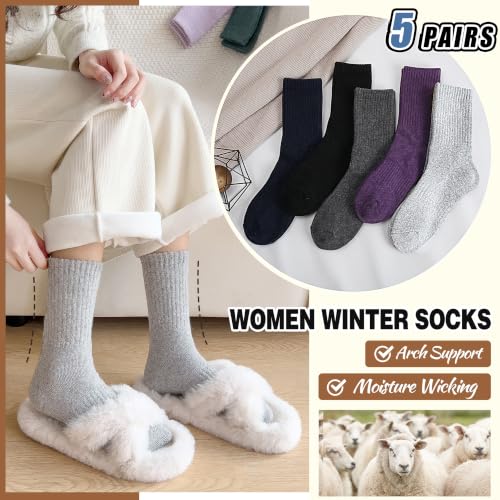 Image of EBMORE 5 Pairs Women Merino Wool Boot Socks Warm Thermal Winter Thick Hiking Cozy Cabin Crew Comfy Socks for Ladies