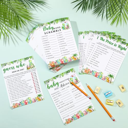 Image of Jetec 302 Pcs Cute Dinosaur Theme Baby Shower Games, 6 Games, 50 Sheets Each, Shower, Word Scramble, Baby Word Search, Predictions and Advice, The Price is Right