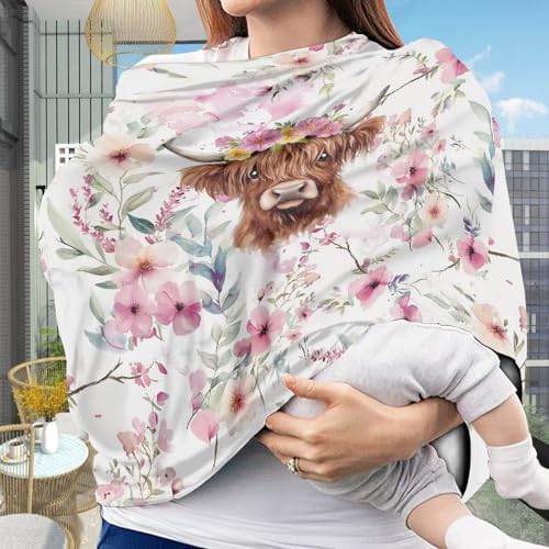 Image of Wanyint Highland Cow Floral Pink Baby Car Seat Covers Cute Carseat Canopy for Babies Boys Girls Multi-use Nursing Breastfeeding Covers Nursing Scarf