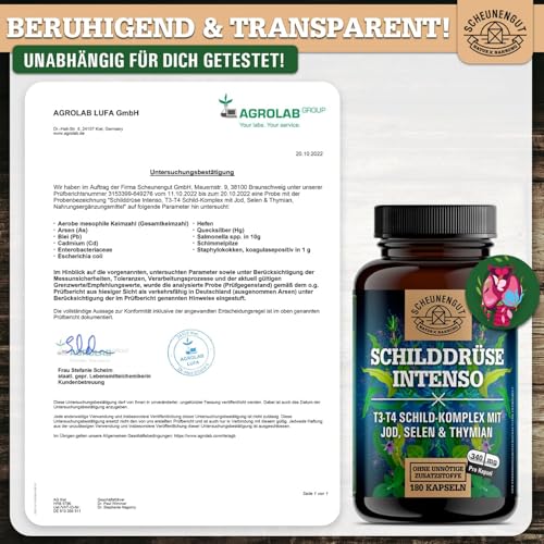 SCHILDDRÜSE INTENSO® Selen Jod Tabletten - WICHTIG: Laborgeprüfter -Umwandler Schilddrüse- Komplex mit Selen, Jod (155µg pro Kapsel) und Thymian -Hochdosiert- Vegan DE SCHEUNENGUT®