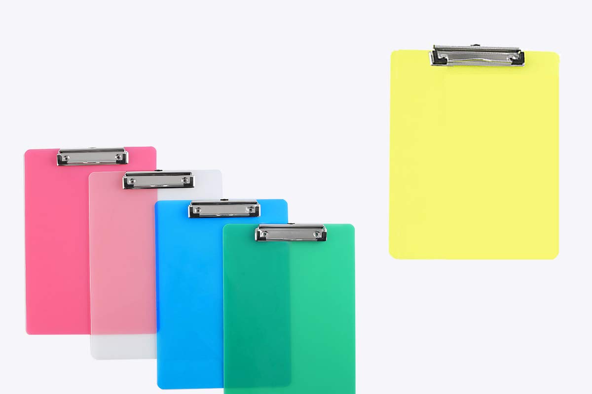 [5x] A6 Portapapeles con Pinza, abrazadera de metal recubierto de goma, Tablero de escritura A6 para el Trabajo Diario - Plástico transparente - pack de 5 con 5 colores - TKD8050