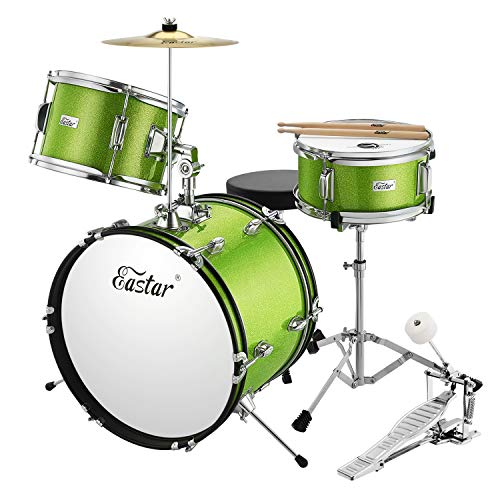 Eastar Schlagzeug Komplettset Kinder 3-teiliges Junior Drum Set 16 Zoll/40.6 cm EDS-280G mit Thron, Becken, Pedal und Drumsticks, Metallisch Grün
