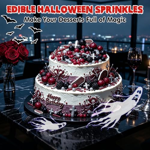 Image of Halloween Edible Sprinkles,Confetti Mix,130g Red Black Silver Sugar Sprinkles with Tombstone Shapes,Jimmies and Sugar Pearls,Food Grade Baking Toppings for Halloween Party,Cake,Cupcake,Cookie, ce Cream,Dessert Decoration
