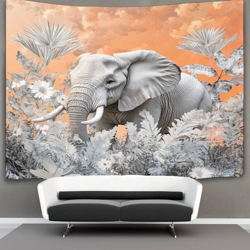kaiyun Éléphant Tapisserie Silver Leaves Fleurs Tenture Murales Décoration Murale,impression HD Pour Salon,chambre À Coucher Et Dortoir 130cmx150cm