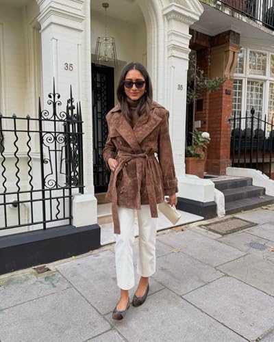 VOIKERDR Brown Leather Jacket Women Suede Jacket Trendy Faux Suede Jacket with Belt Winter Jacket Outwear3