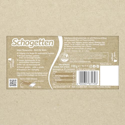 Schogetten Popcorn 1 x 100g Schokoladentafel, mit Popcorn- und Maisstückchen, praktisch einzeln portioniert. Ein Genuss. Stück für Stück. (Packung mit 2)
