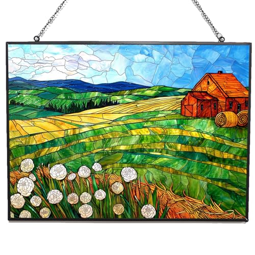 365CUSGIFTS Customized Rectangle Vintage Wheat Field Stained Glass Suncatcher Window Hangings, Stained Glass Panel Sun Catchers Gifts Home Decor Garden Christmas Halloween Wedding