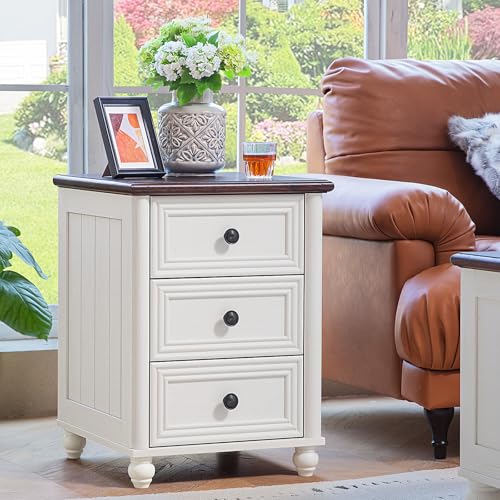 18" Farmhouse Night Stand, White Wood Nightstand with 3 Drawers, Bedside End Table with Storage and Roman Column, Bed Side Tables Cabinet for Bedroom, Living Room, and Closet