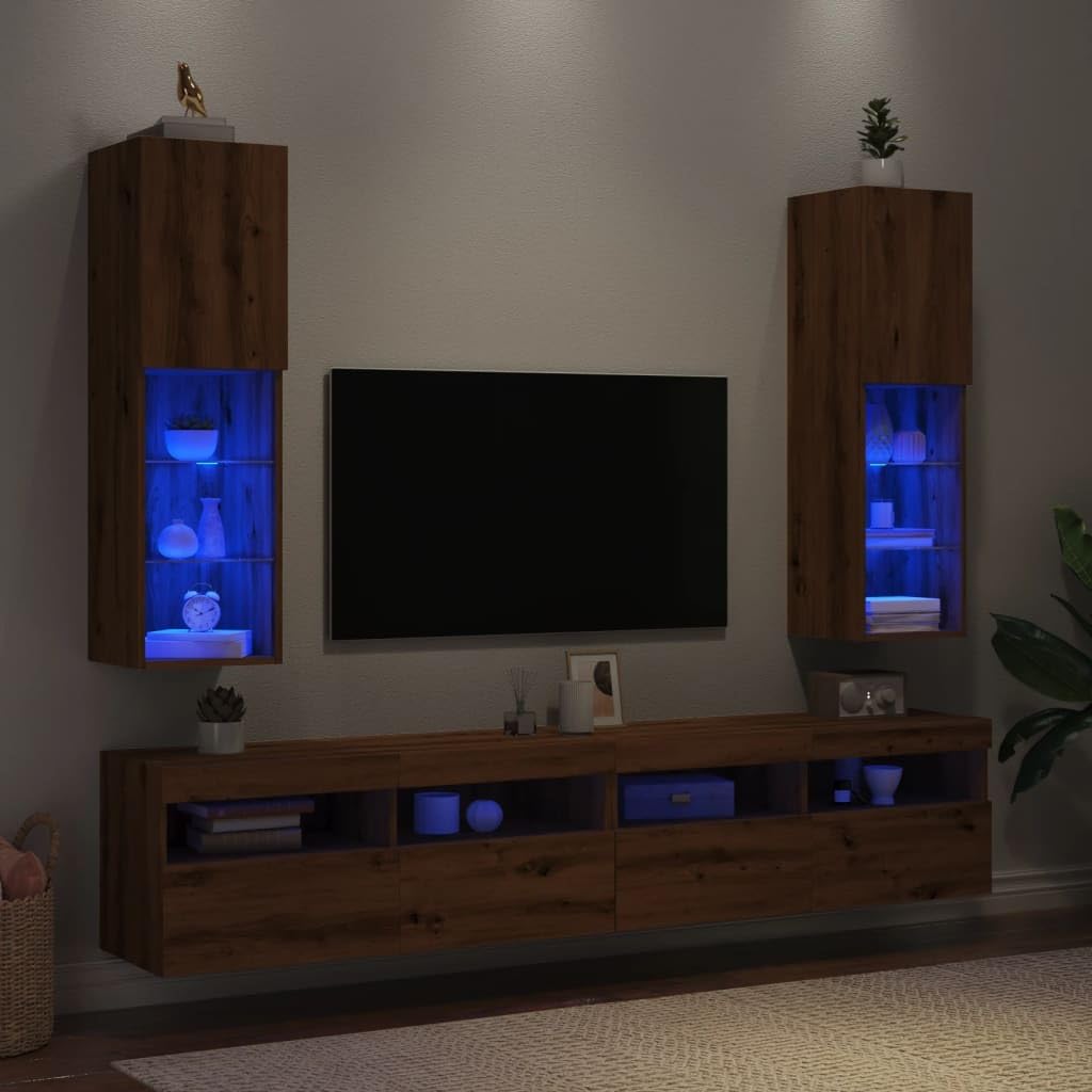 Mobili TV con Luci LED 2 pz Rovere Artigianale 30,5x30x102 cm,Set Mobili Porta TV,Parete Attrezzata Soggiorno,Set Mobili TV Soggiorno Moderni-857679