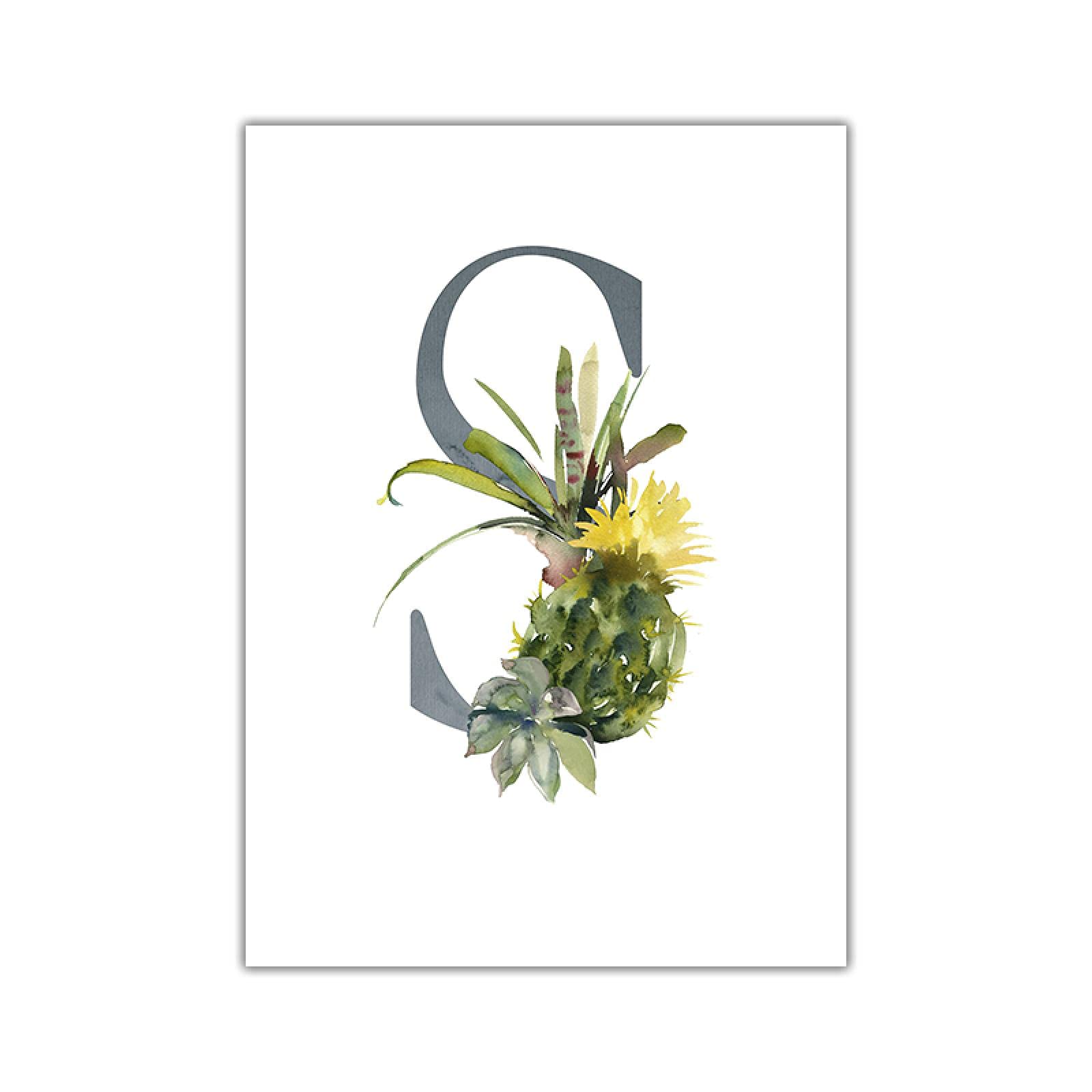 dsdsgog Letra S Nombre personalizado Pósteres Arte floral Impresión en lienzo Bebé Guardería Cuadro de pared Pintura en lienzo para niños Niña Dormitorio Decoración 60x80cm Sin marco