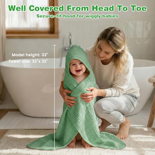 Image of Hooded Baby Bath Towels for Newborn, 2 Pack - 6-Layer 100% Muslin Cotton, Soft Absorbent Baby Towels with Hood for Babies, Infants & Toddlers, Large 32x32 Inch Unisex Newborn Baby Bath Essentials