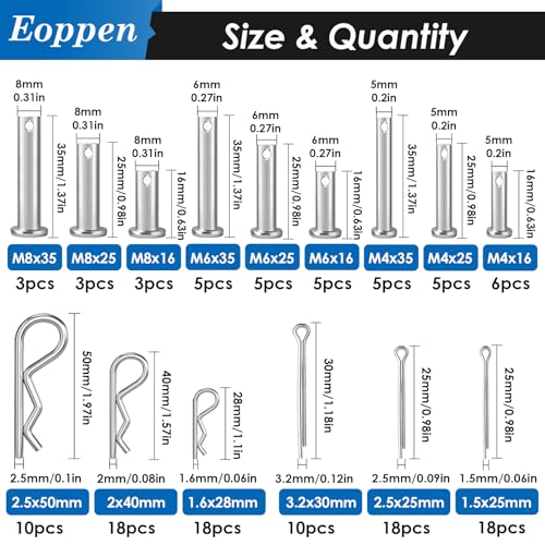 Image of 132Pcs Clevis Pin Cotter Pin Hair Pin Assortment Kit - 304 Stainless Steel 15 Sizes Cotter Pin & R Clips Pin Zinc-Plated Single Hole Flat Head Clevis Pins