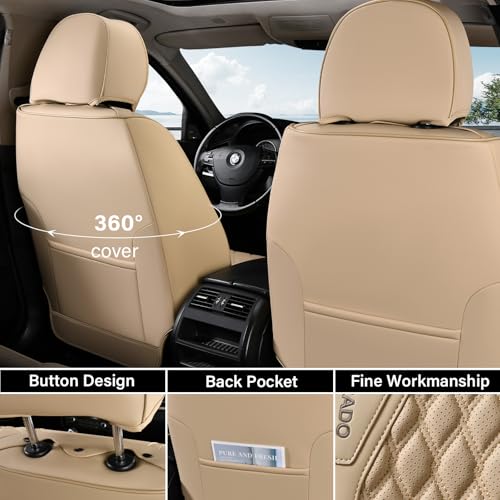 Image of Coverado Car Seat Covers Full Set, Waterproof Nappa Leather Seat Covers for Cars, Front and Back Car Seat Protector, Luxury Car Seat Covers, 5 Seats Universal Beige Car Seat Cover Fit for Most Cars