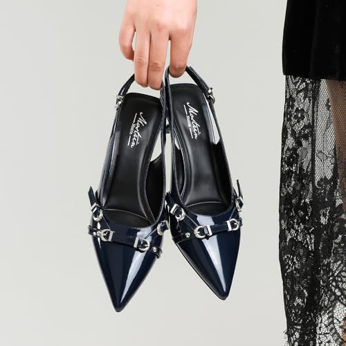 Image of Mostrin Kitten Heels for Women Pointed Toe Pumps Patent Leather Low Heel Slingback Heels with Buckle Dress Shoes for Dating Party Working