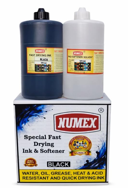Image of NUMEX Black Batch Printing Ink & Softener Combo | 1000 ml Pack | Fast Drying Formula | for Manual Batch Coding Machines | Suitable for Packaging Use