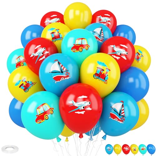 Image of Transportation Balloons, 30 Pcs 12inch Red Blue Yellow Balloon With Traffic Latex Balloons for Vehicle Transport Party Supplies for Baby Shower Boys Kids Transport Them Birthday Decoration