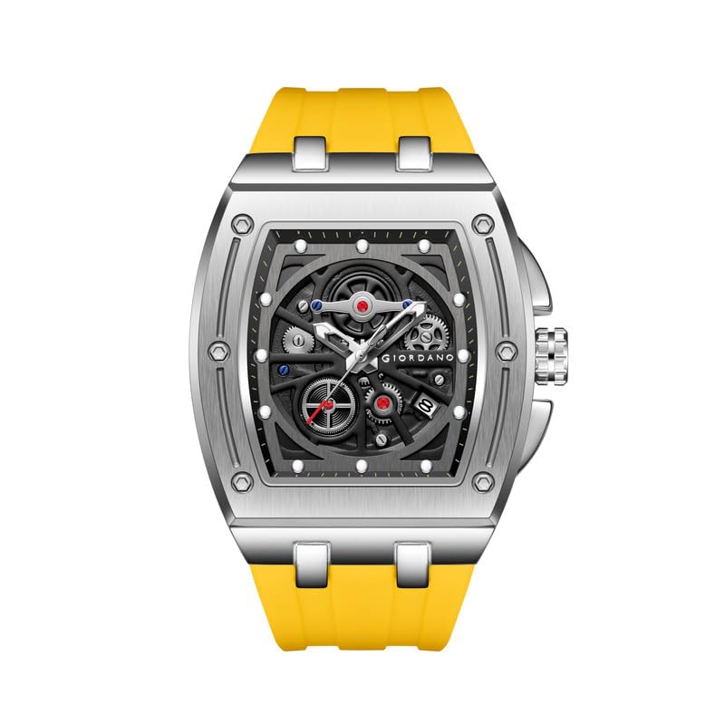 Giordano Sqaure Analog Casual Sporty Watch for Men – Mechanical-Inspired Dial, Date Display, Quartz Movement and Comfortable Silicone Strap
