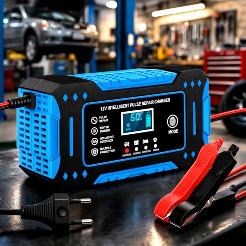 Carregador De Bateria Automotivo, Bivolt, Inteligente 12V 6A Para Carros E Motos Com Tela Digital, Sobrecarga Superaquecimento, Linha Premium Automotiva (Azul)