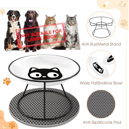 FoiiLiio Raised Cat Bowl, Set of 2, Raised Feeding Bowl, Cat Ceramic Cat Bowl Set, High 10 cm Cat Bowls for Food, Water with Metal Stand, Black, Cat Bowl with Bowl Mat, Silicone