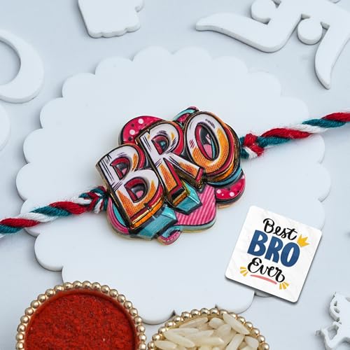 Image of eCraftIndia Bro Design Rakhi for Brother Bhaiya Bhai with Best Bro Ever Fridge Magnet | Roli Chawal Pack