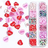 Valentines Love Hearts Slice Nail Art Sequins Glitter 3D Sweet Heart Design Candy Colors Nail Sequins Flakes Charms for Women Girls Manicure DIY Decorations Accessories Tools