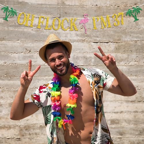 Image of Oh Flock I'm 37 Banner, Glitter Happy 37th Birthday Anniversary Party Decorations, Pineapple Party Decor, Hawaiian Luau Tropical Aloha 37 Theme Party Photo Props