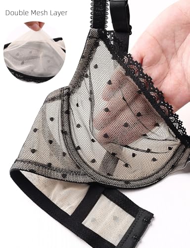 Image of Upushall Mesh Unlined Bras for Women Plunge Demi Lace Sexy Underwire Bra