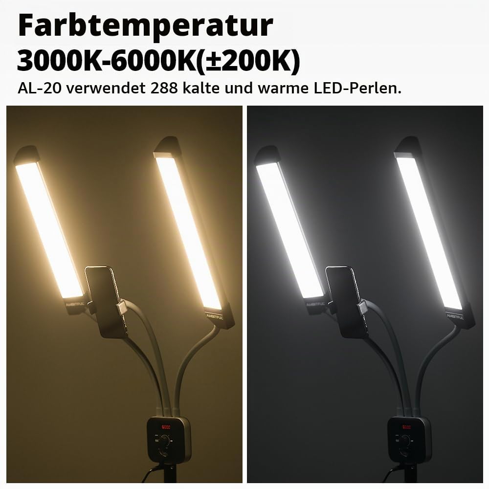 AMBITFUL AL-20 Double Arms Fill LED-Licht, 40 W, 3000 K-6000 K (± 200 K), mit LCD-Bildschirm und Fernbedienung, für Schönheits-Make-up, Maniküre, Tätowierung (AL-20+ Lichtstativ)