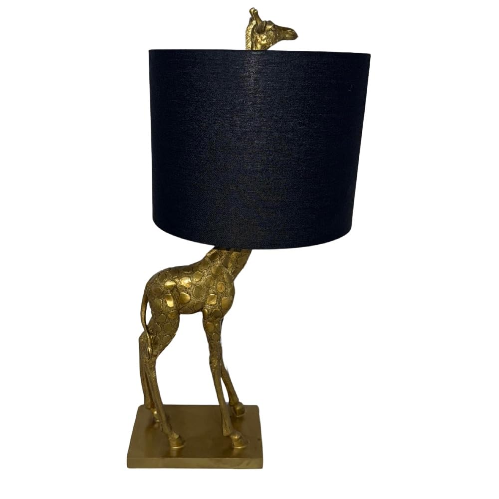 Gold Resin Standing Giraffe Sculpture Vintage Table Lamp with Black Linen Drum Shade | 54cm Height | 1 x ES E27 Lamp Bulb Required | UK Approved | High Definition Safari Scene