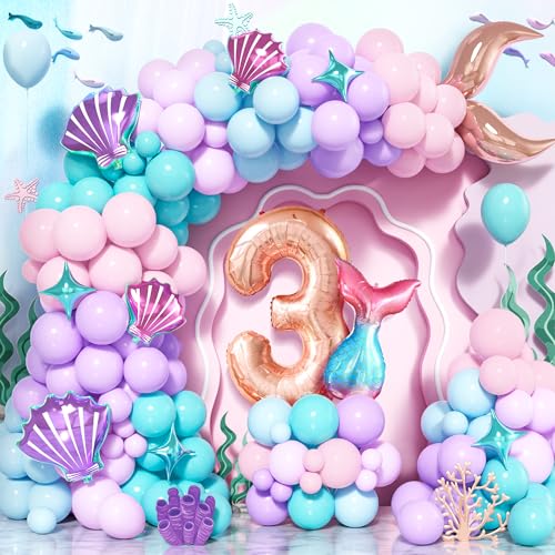 Kit Arco Globos Sirena Cumpleaños 3 año, 125 Piezas Guirnalda De Globos Pastel Morado Rosa Azul Teal Con Número 3 Globo Para Niña Decoraciones Fiesta Temática Cumpleaños Sirena y Océano Bajo el Mar
