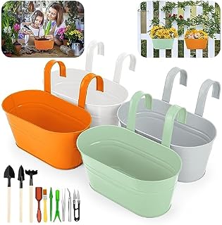 GIOVARA Metal Hanging Flower Pots, 27.5cm Large Garden Planter with Detachable Hook, 4Pcs Colorful Plant Pot without Drainage Hole for Balcony Home Garden Decor(4 Colours)