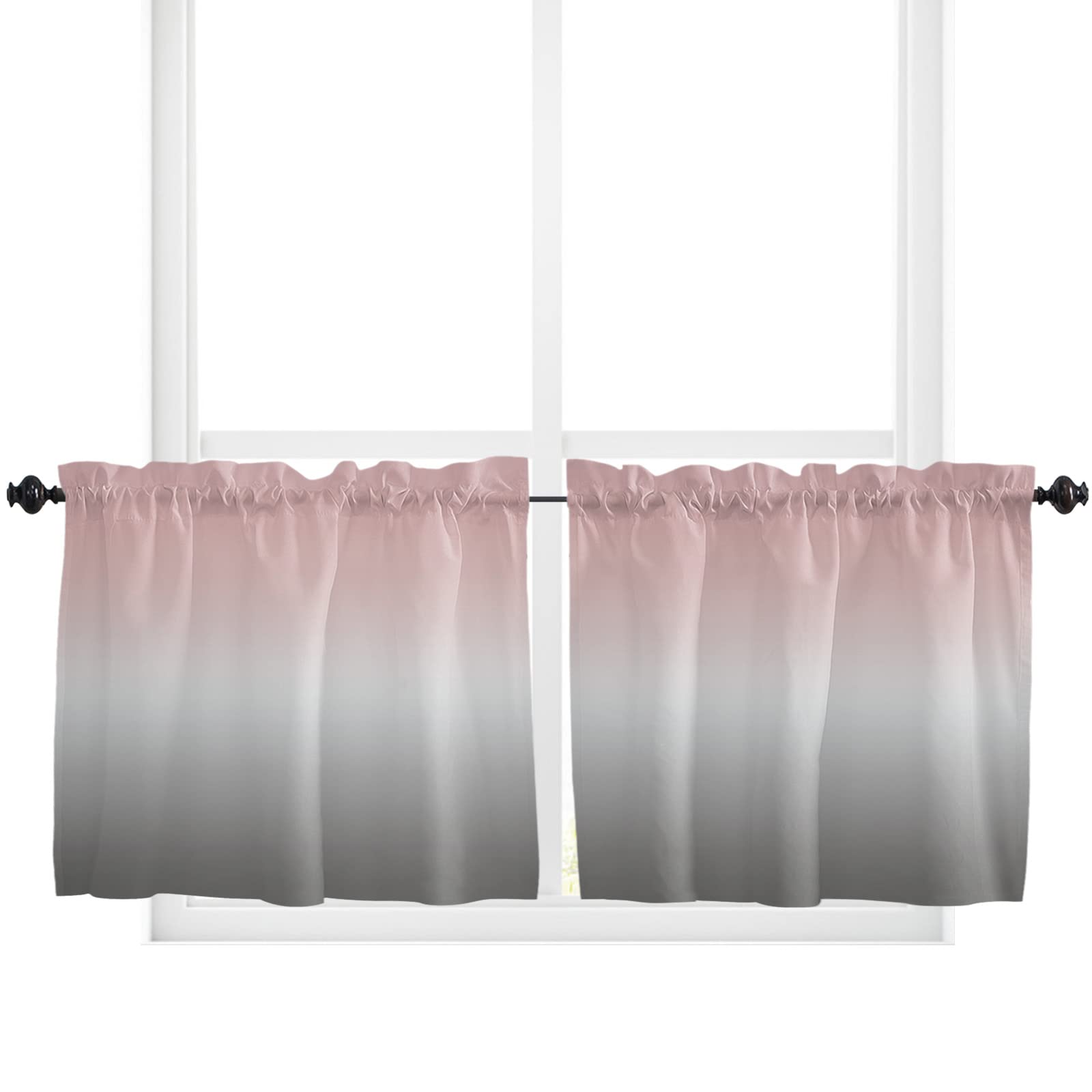 Window Curtain Panels Set of 2, Ombre Pink Gray Rod Pocket Curtains Drapes for Living Room Kitchen Bathroom, Washable Window Treatment Valances, 27.5x36inch, Gradient Texture