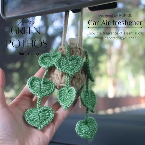 Image of ROFIGL Handmade Crochet Hanging Car Air Freshener- Lifelike Green Pothos for Hanging with 12ml Thick Refillable Glass Diffuser Bottle, Suitable Decor for Car Rearview Mirror, Home & Wellness Spaces
