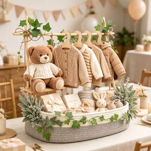 Image of Large Baby Shower Basket Empty Baby Shower Crate Closet Woven Baskets | 16.5 inch x 9.5 inch Woven Baskets with Clothes Hangers and Gift Bag New Born Empty Storage for Welcome Gift Pregnancy New Parent