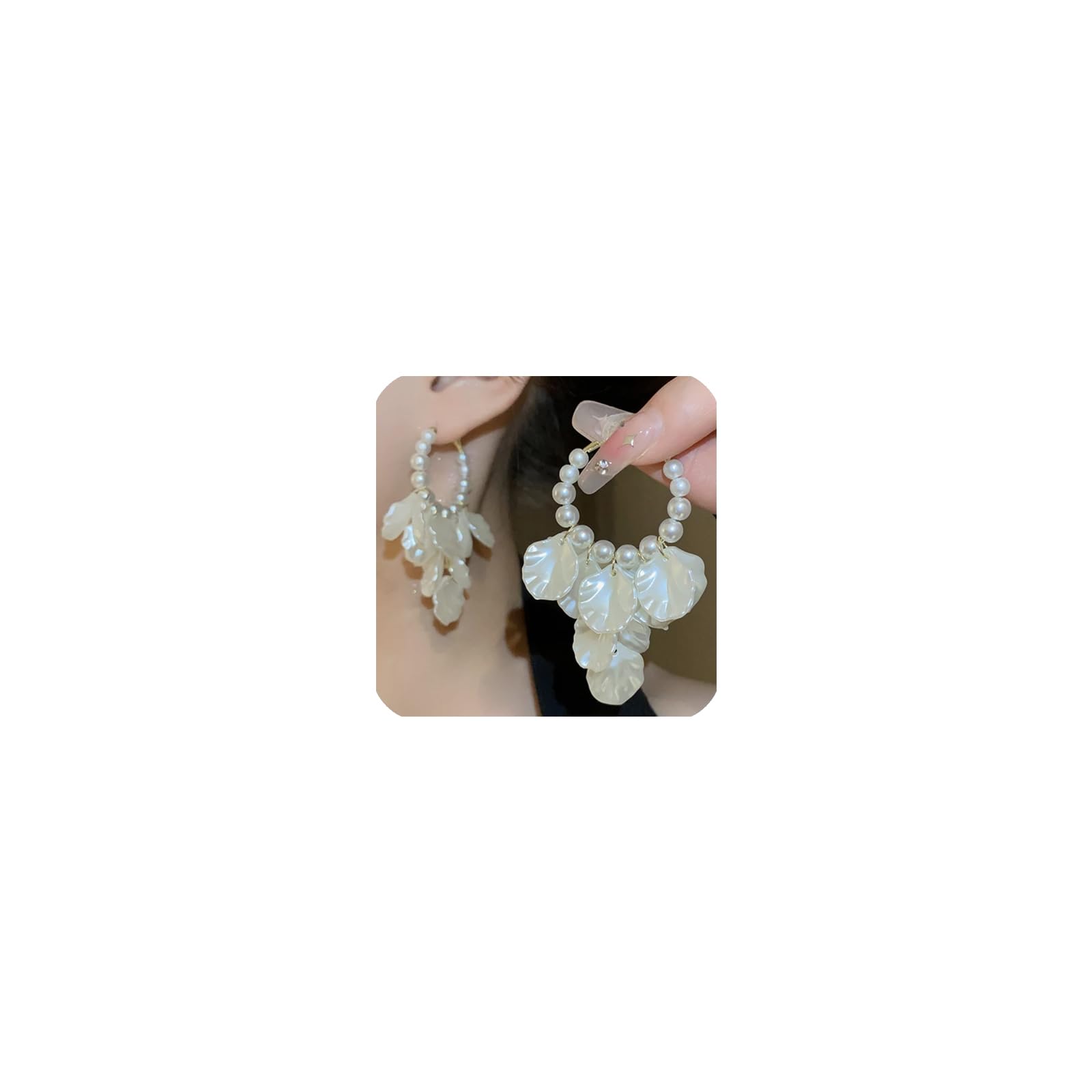 Vintage Shell Pearl Hoop Earrings for Women Boho Petal Tassel Dangle Earrings Holiday Pearl Flower Fringe Statement Earrings Dainty Jewelry Gifts