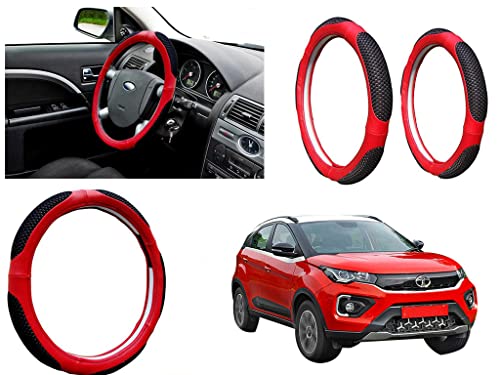 Image of Microfiber Car Steering Wheel Cover, Soft Padding Great Hand Feel, Anti-Slip, Faux Leather Steering Cover for Tata Nexon 2020 | Black Red Jali - Pack of 1