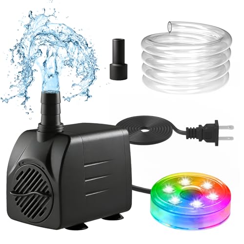 CREPOW 210GPH Submersible Water Pump 15W Ultra Quiet Small Fountain Pump with LED Lights and 3.28 ft Tubing 2 Nozzles for Outdoor Pond Water Feature Aquarium Fish Tank Hydroponic Statuary