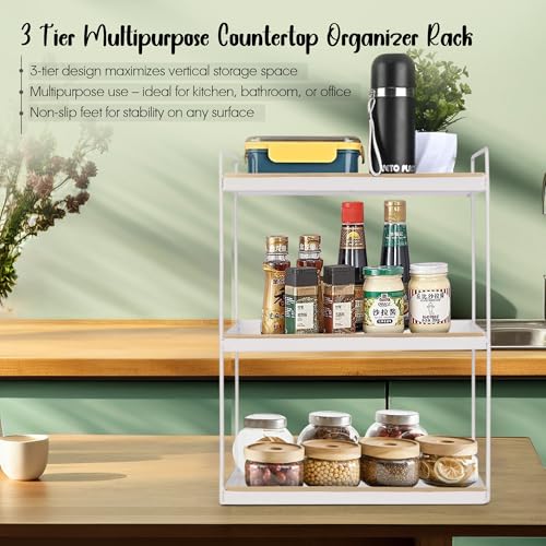 Image of Niyara Iron Metal Heavy Duty Stand 3-Tier multistorage /Multipurpose Standing Rack, Bathroom Countertop Storage Shelf Cosmetic Organizer Holder Kitchen Spice Rack, (White With Gold)