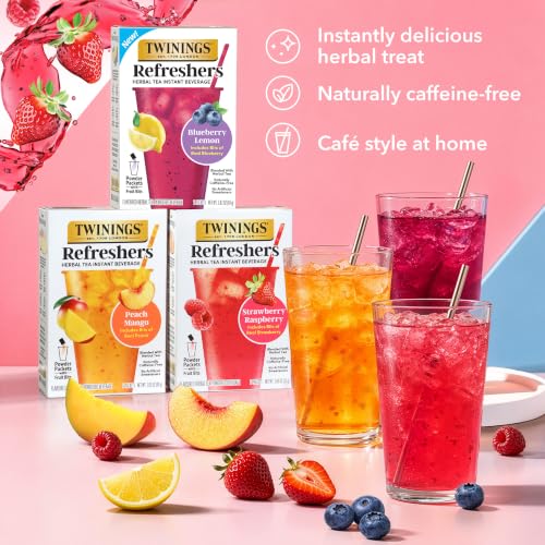 Image of Twinings Strawberry Raspberry Refreshers, Herbal Tea Instant Beverage with Real Strawberry Fruit Bits, 5 Count (Pack of 6), Cafe Style, No Artificial Sweeteners, Naturally Caffeine-Free, 30 Packets