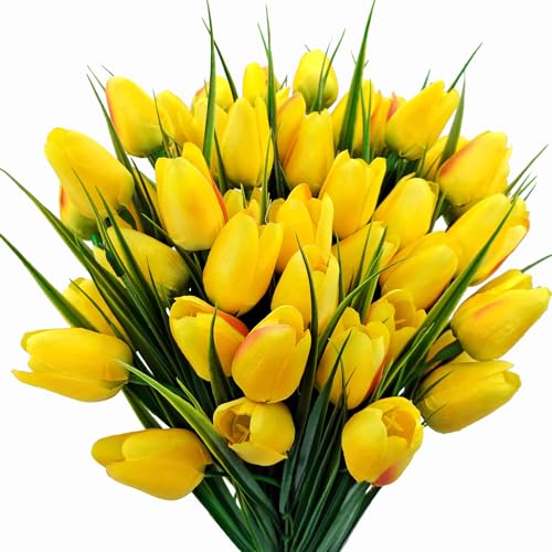 FOUSUKA Artificial Tulips Fake Flowers Outdoor UV Resistant 4 Bundles 40 Heads Silk Tulip Faux Plastic Greenery Plants Flower for Home Outside Garden Porch Window Planters Decor (Yellow)