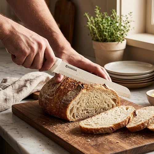 Image of 12 Pieces Knife Set, 6 Knives with 6 Blade Guards, Granite Nonstick Ceramic Coated, Professional Chef Knife, Utility, Bread, Utility, Paring, for Home & Restaurant Use Wood Grain Handle, White (White)