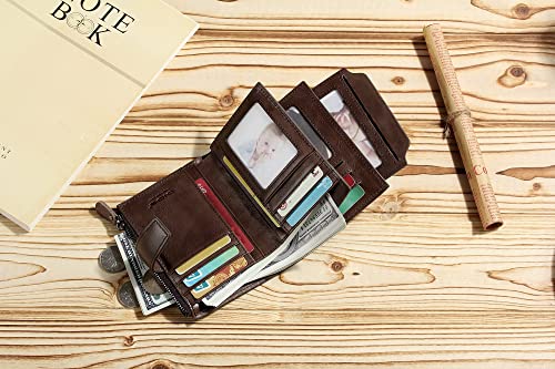 DIDE Mens Stylish Genuine Leather Wallet Soft Spacious Credit Debit Card Holder RFID Blocking Bifold Large Capacity Zipper Coin Pocket 16 Slots Removable ID Window 2 Memory (Dark Brown), Dq8293