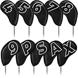 ゴルフアイアンカバー マグネット ウェッジカバー クラブヘッドカバー セット 10pcs(4-9,P,A,S,X) 両面銀色番号 黒い合成皮革