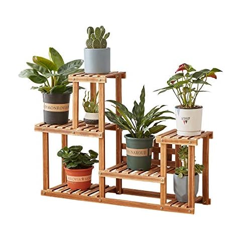 Homchwell Plant Stand Pine Wood Plant Stand Indoor Outdoor Multi Layer Flower Shelf Rack Higher and Lower Plant Holder for Patio Garden, Living Room, Corner Balcony and Bedroom (7-9Flowerpots) Cover