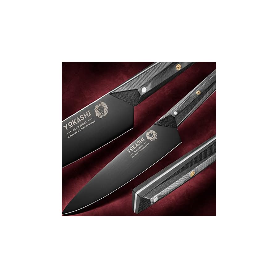 YOKASHI-Chef-Knife-8-inch-Professional-Kitchen-Knife-Black-Titanium-Nitride-Coated-Razor-Sharp-High-Carbon-7CR17MOV-G10-Handle-with-Sheath YOKASHI Chef Knife 8 inch - Black Titanium Nitride Coated Japenese Knife - Razor Sharp 7CR17MOV Carbon Steel - Full Tang Chef's Knife - G10 Alloy Steel Handle - Multi Purpose Kitchen Kinfe - Gift Box